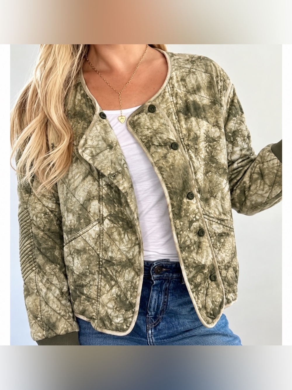Anthropologie Marrakech Quilted Jacket Green Tie Dye Abstract Camo Size Medium